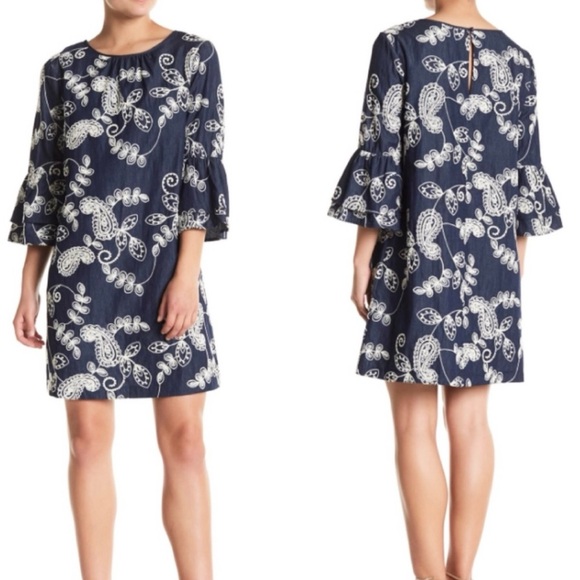 ECI Cotton Denim Embroidered Bell Sleeve Sheath‎ Dress | Size 8 - Picture 1 of 7